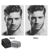 Before and after images showing a man's jawline improvement using a silicone facial toner device.