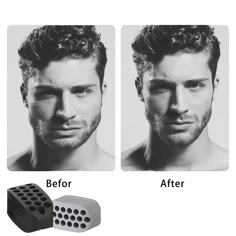 Before and after images showing a man's jawline improvement using a silicone facial toner device.