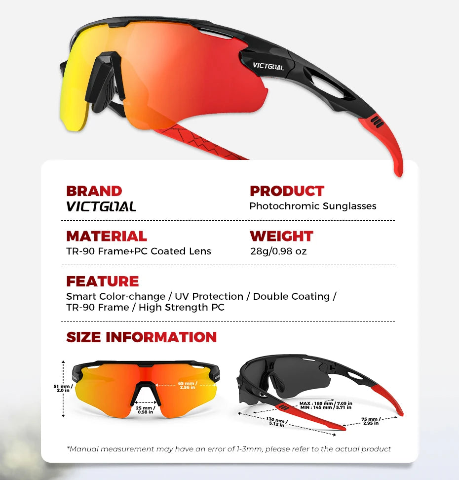 A pair of orange and red photochromic sunglasses with black frames shown in a studio setting.