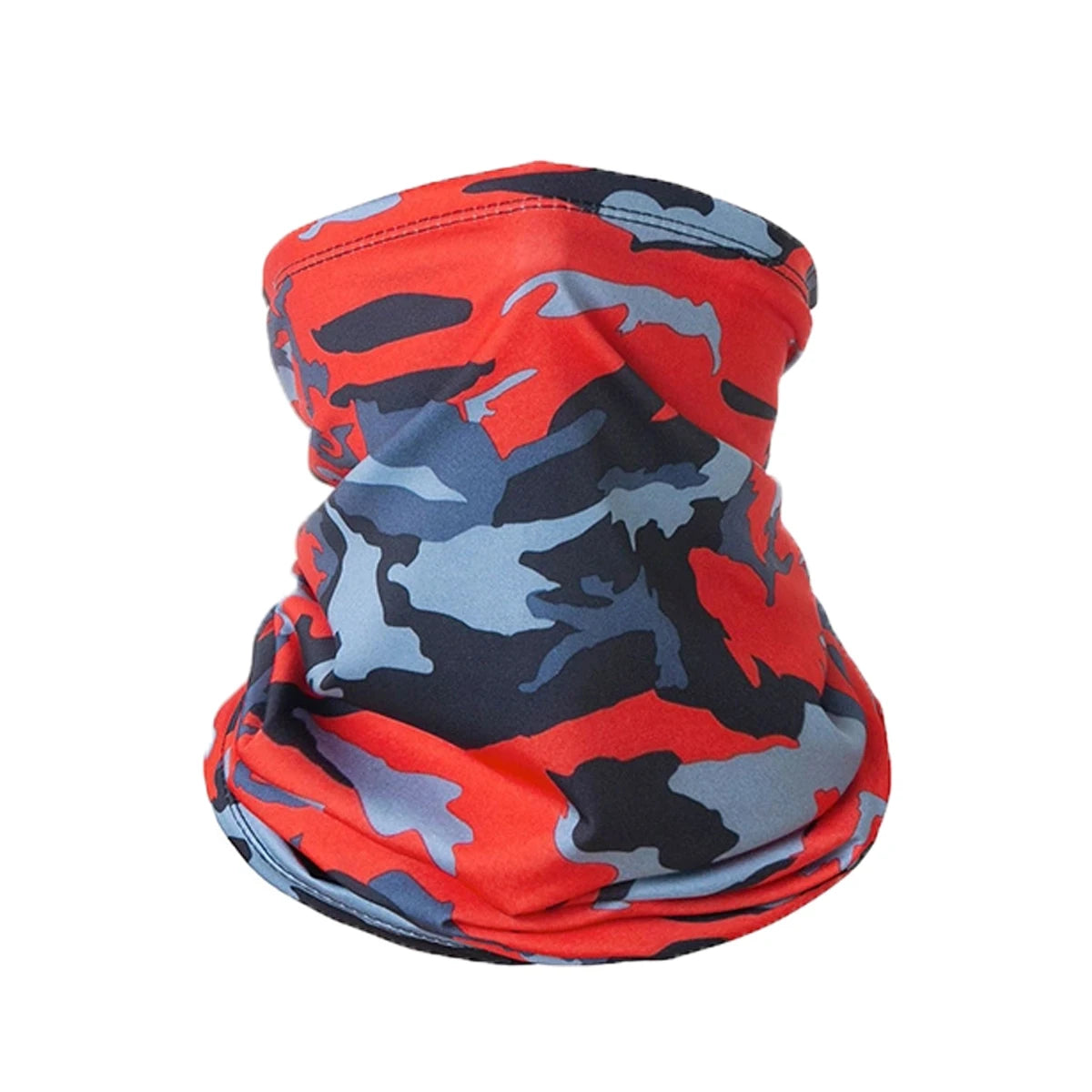 An orange and gray camouflage multi-functional UV protection head wrap or bandana.