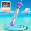 A purple water gun with a nozzle effect display is shown being used in blue water.