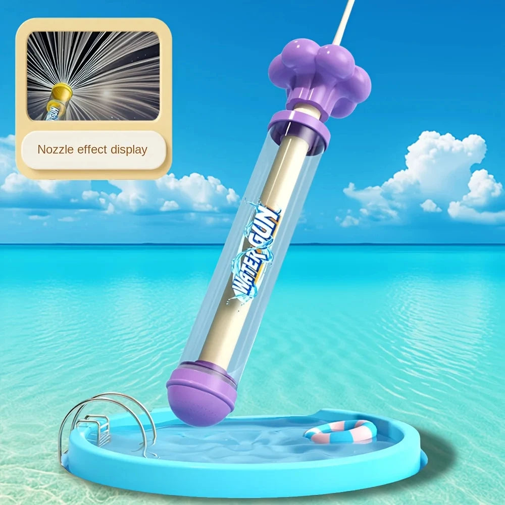 A purple water gun with a nozzle effect display is shown being used in blue water.