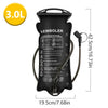 A black reusable water bladder hydration bag with a handle and attached hose, shown next to a volume indicator.