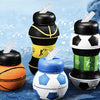 A collection of leakproof silicone sports water bottles and soccer balls floating in water.