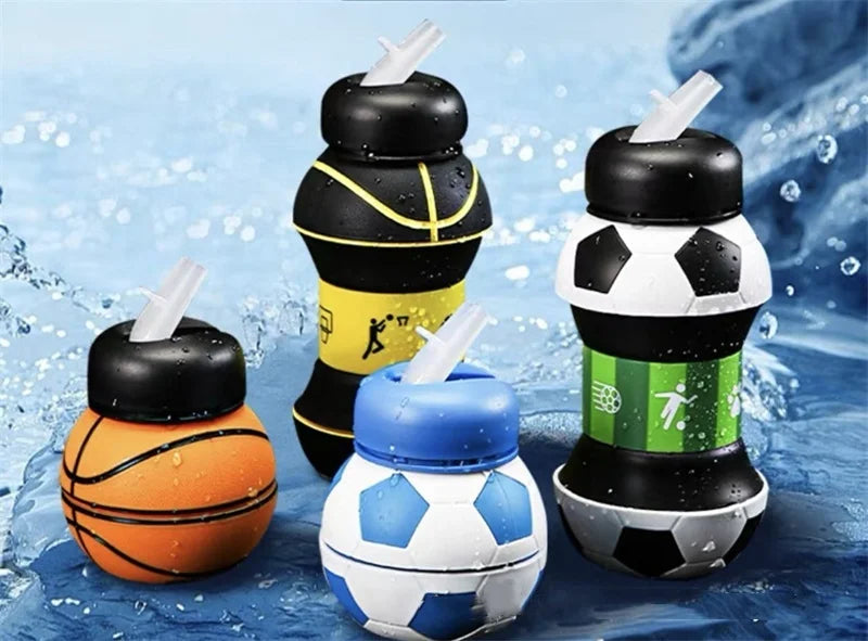 A collection of leakproof silicone sports water bottles and soccer balls floating in water.
