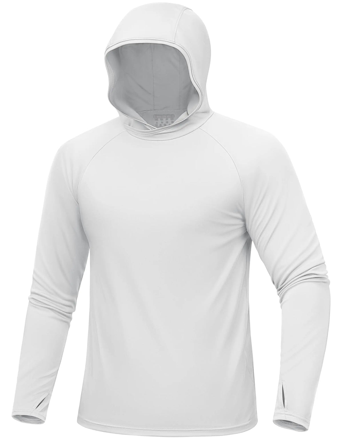 Weißes, langärmeliges, leichtes Hoodie für Herren mit Kapuze, von vorne.