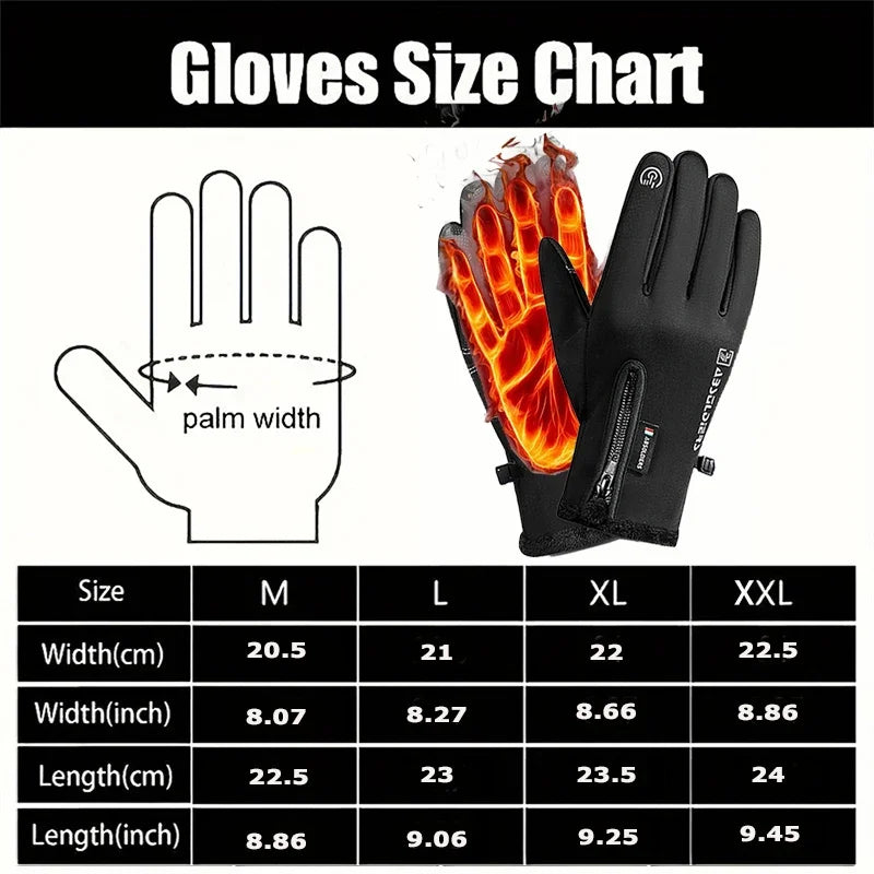 Gloves size chart showing measurements in centimeters and inches for sizes M, L, XL, and XXL