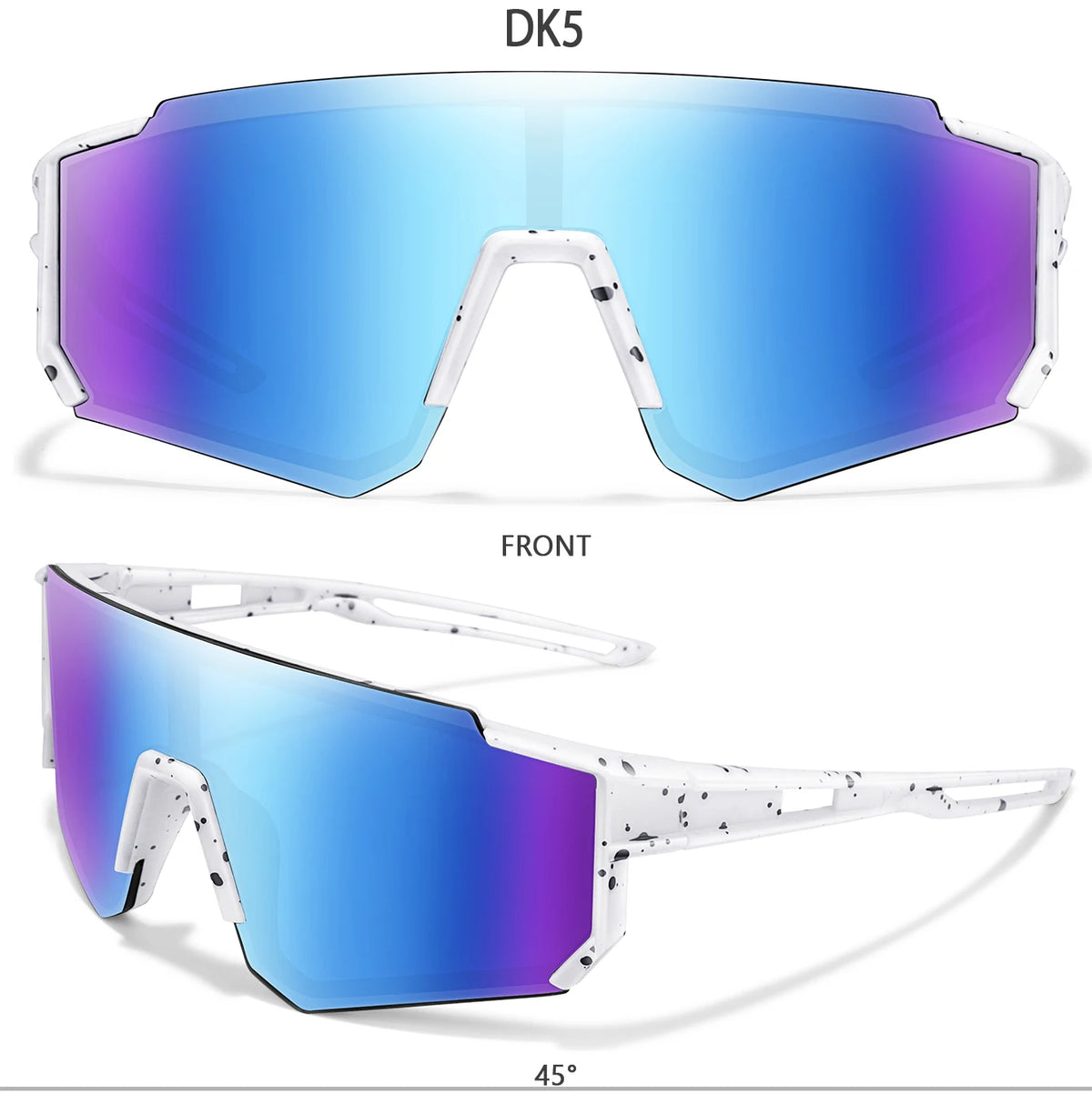 A pair of blue and purple polarized sunglasses shown from the front and side, with a 45-degree angle.
