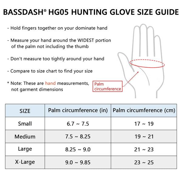 Size guide chart for BASSDASH HG05 hunting gloves showing palm circumference measurements in inches and centimeters.