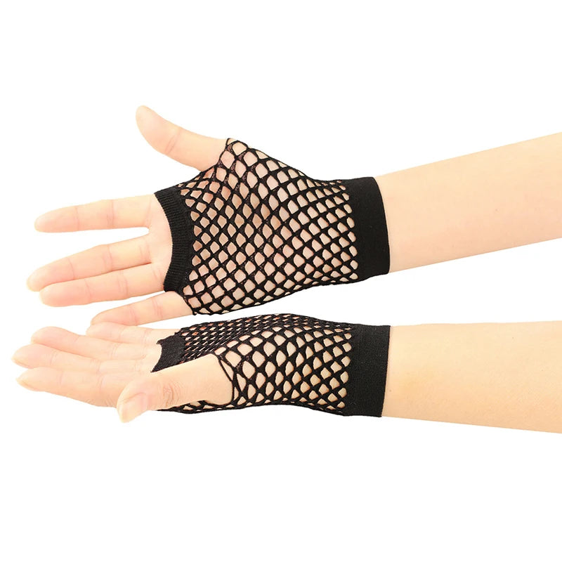 A pair of black mesh fingerless gloves worn on a hand and wrist.