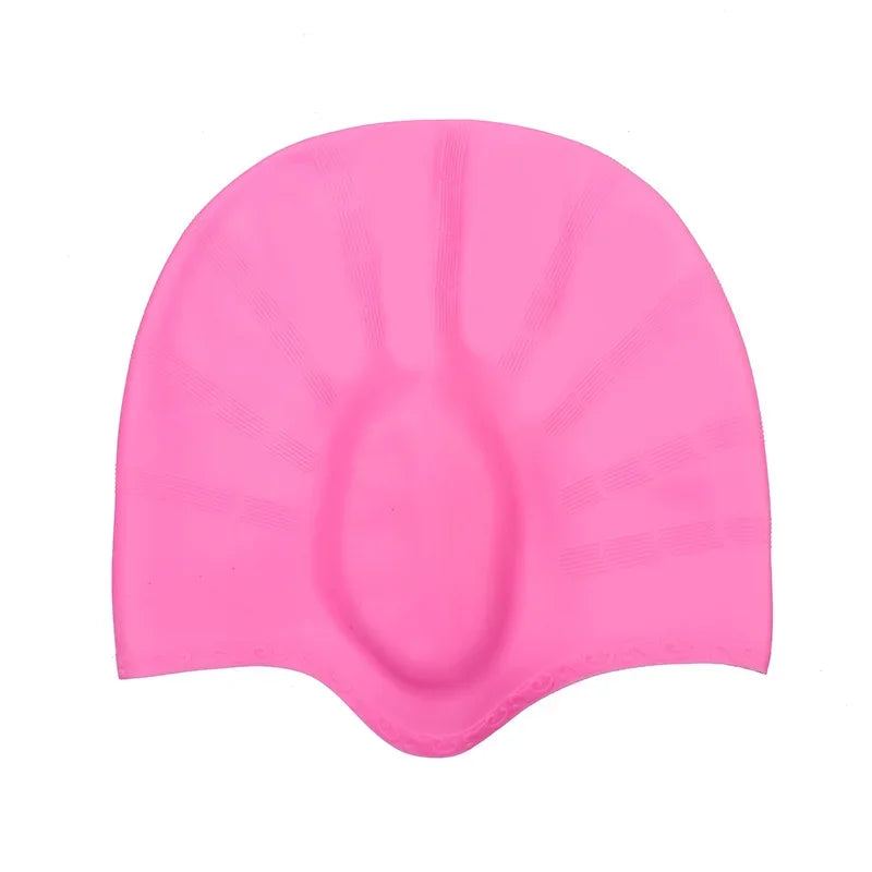 A bright pink waterproof silicone swimming cap designed for long hair.