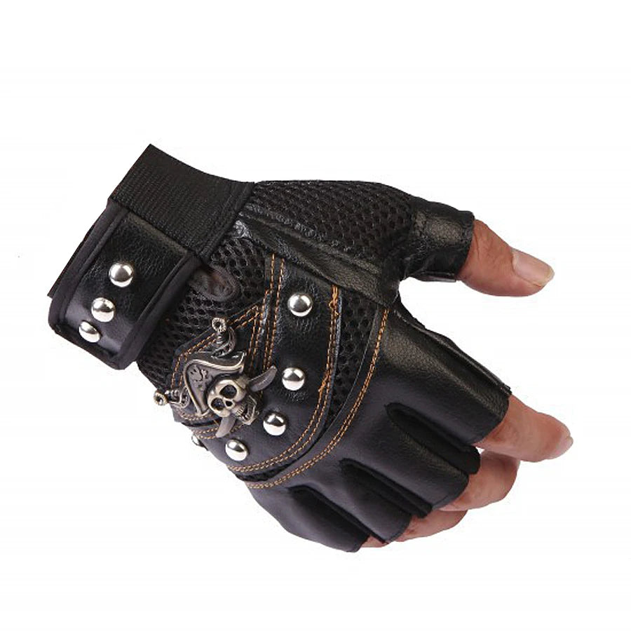 Black leather half-finger motorcycle riding gloves featuring a pirate skull design