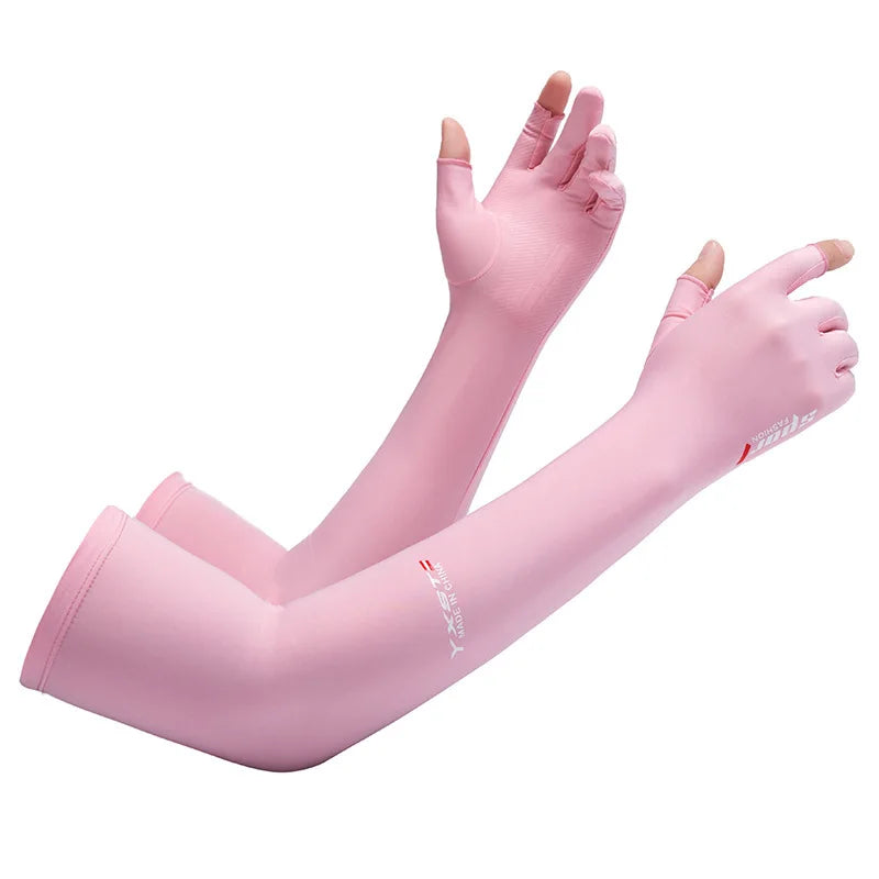 A pair of pink UV protection arm sleeves shown on a hand and forearm.