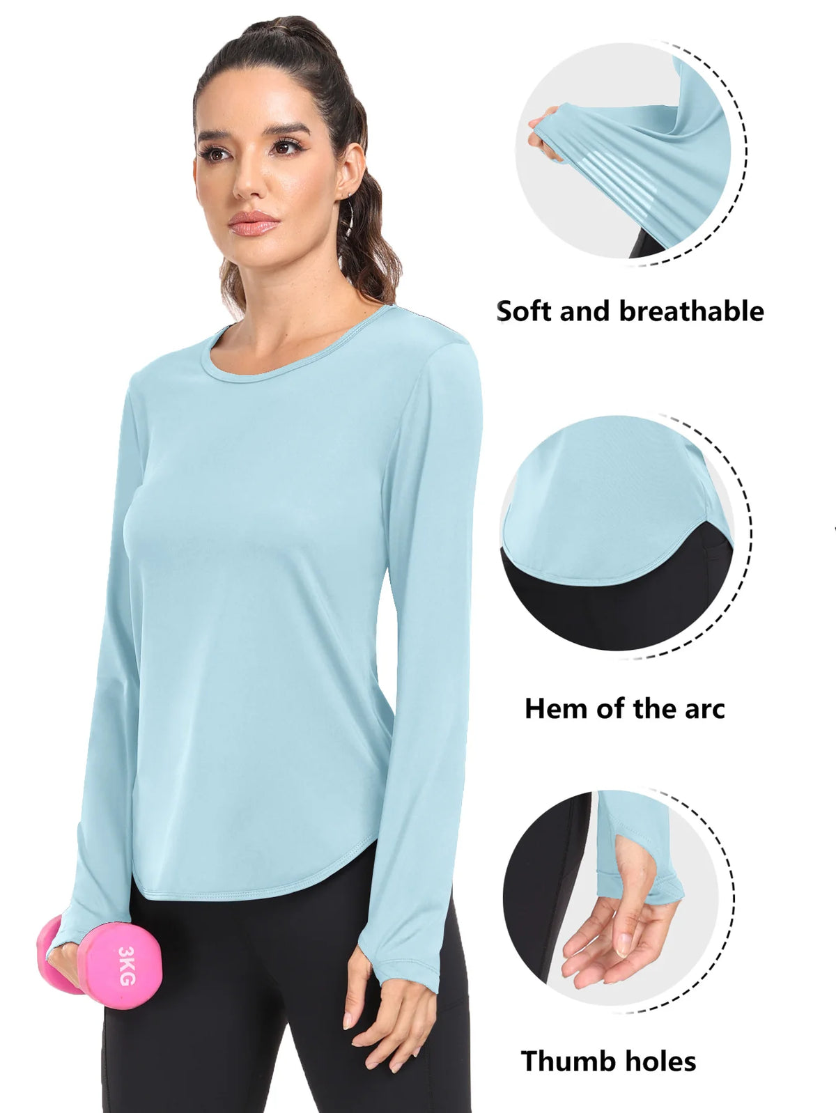 A woman models a light blue loose fit sun protection t-shirt with details showing its soft fabric, hem, and thumb holes.
