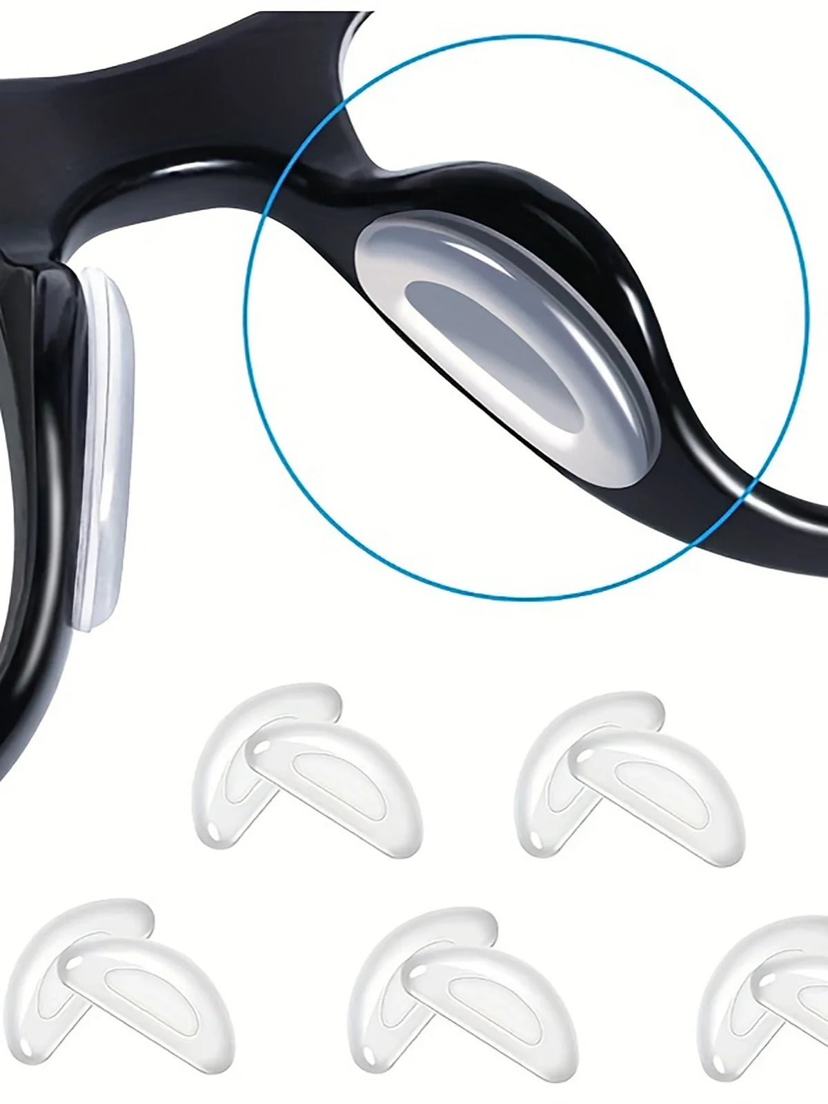 Close-up view of clear silicone anti-slip eyeglass nose pads for glasses frames.