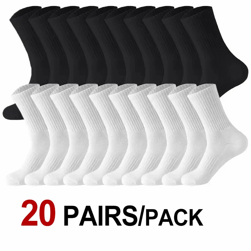 A pack of 20 pairs of black and white knee-high performance socks.
