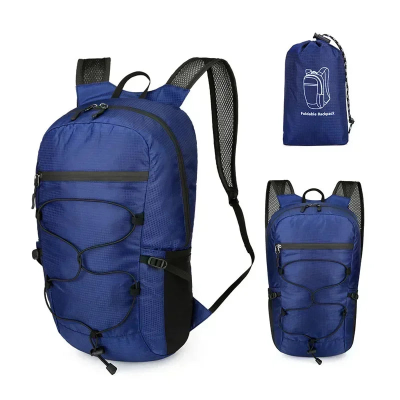 A navy blue waterproof outdoor hiking backpack shown in full view and a separate folded version.
