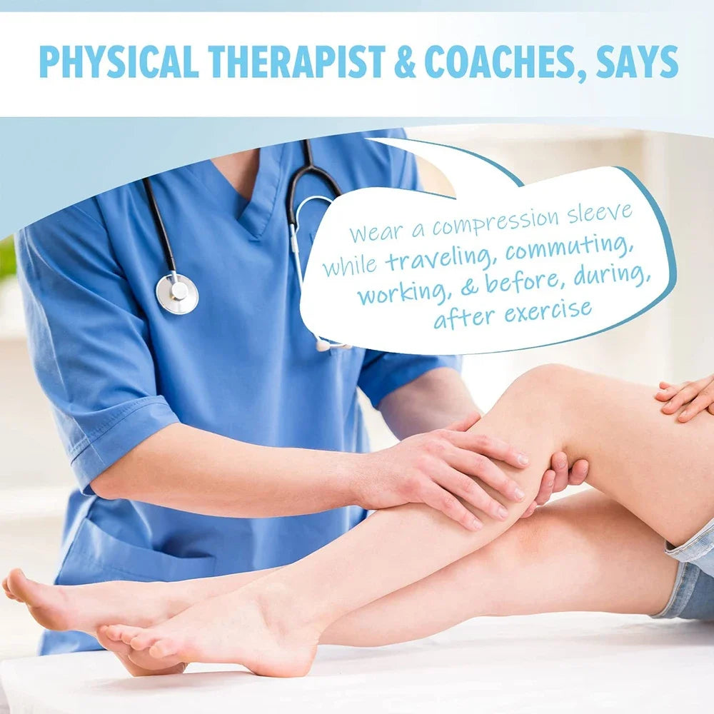 A physical therapist demonstrates wearing a compression sleeve on a patient's leg.