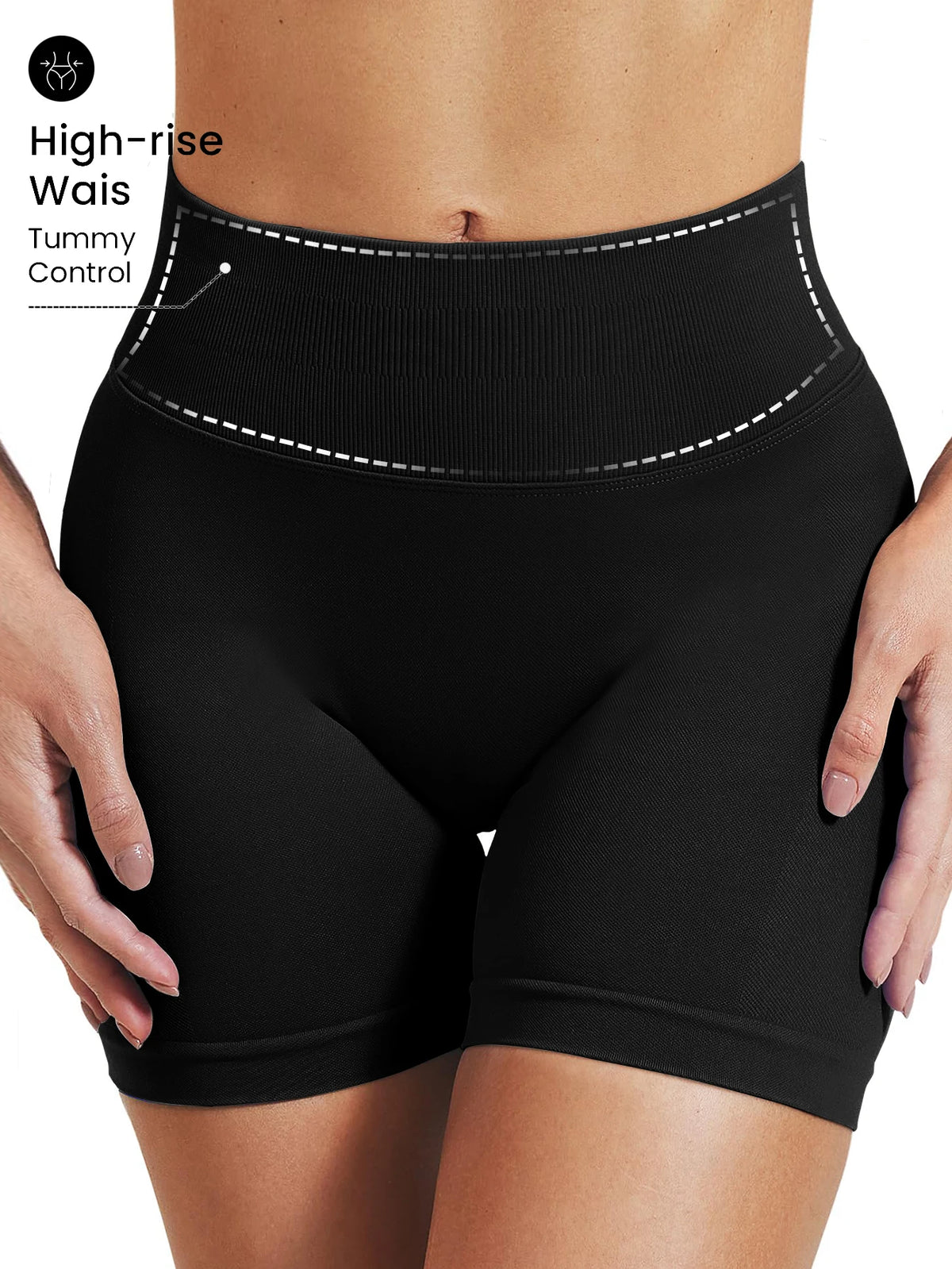 Black high-rise knit fitness shorts worn by a person.