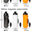 Various dimensions and colors of 750mL, 600mL, and 450mL magnetic water bottles in black, white, and orange.