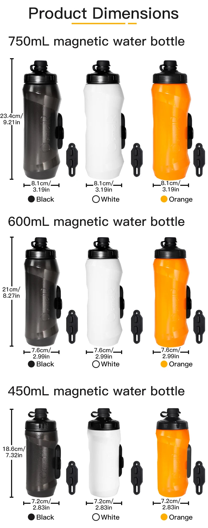 Various dimensions and colors of 750mL, 600mL, and 450mL magnetic water bottles in black, white, and orange.