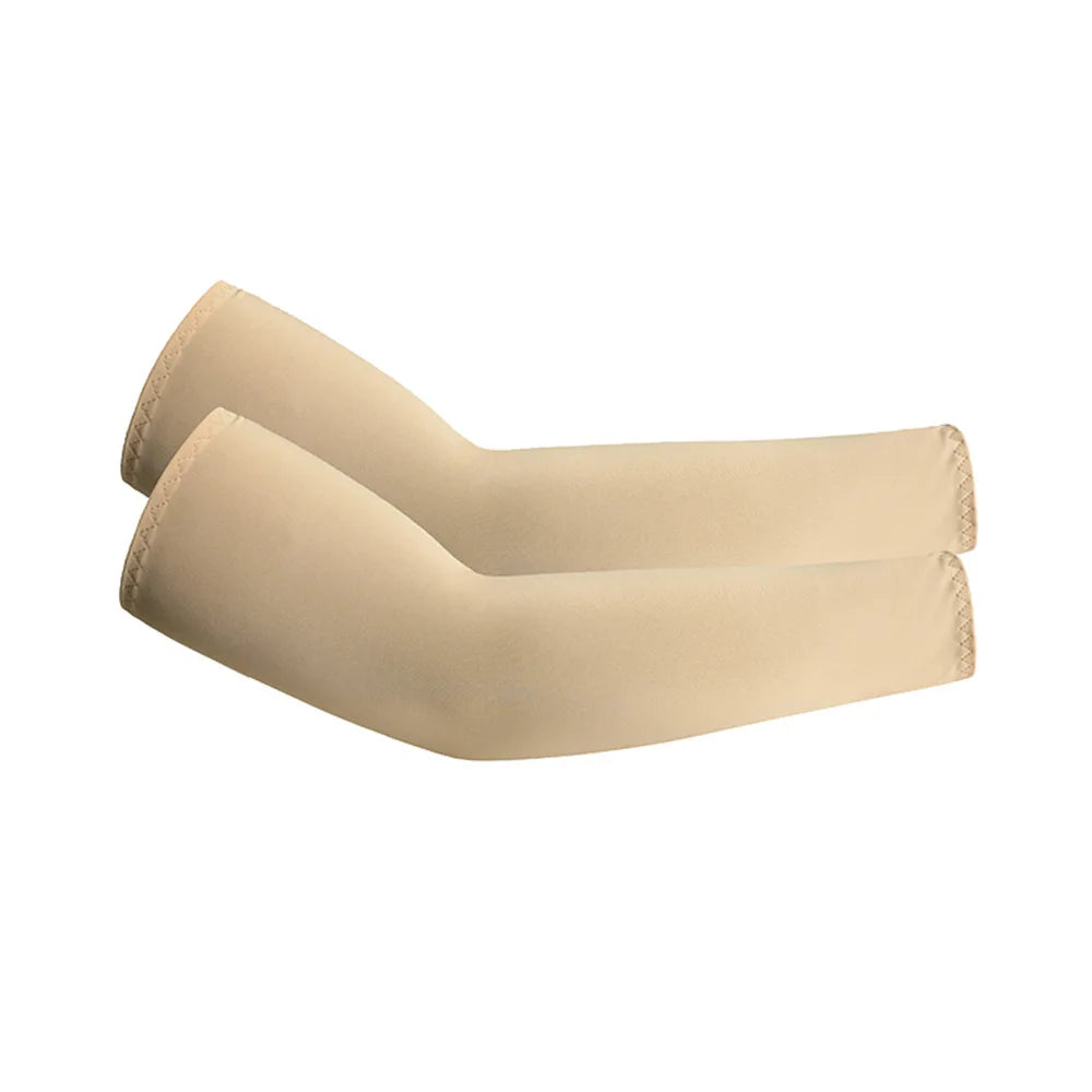 A pair of beige cooling arm sleeves for UV protection shown flat.