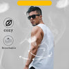 A man wearing a white sleeveless sports tank top and sunglasses, demonstrating the warm and breathable features of the clothi