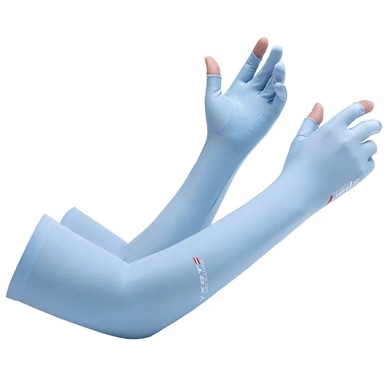 Light blue UV protection arm sleeves worn on an arm, showing the fit and design.