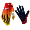 A pair of red riding gloves with yellow accents and black palms, shown against a white background.