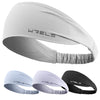 A set of white and black quick-dry elastic sports headbands shown in various angles.