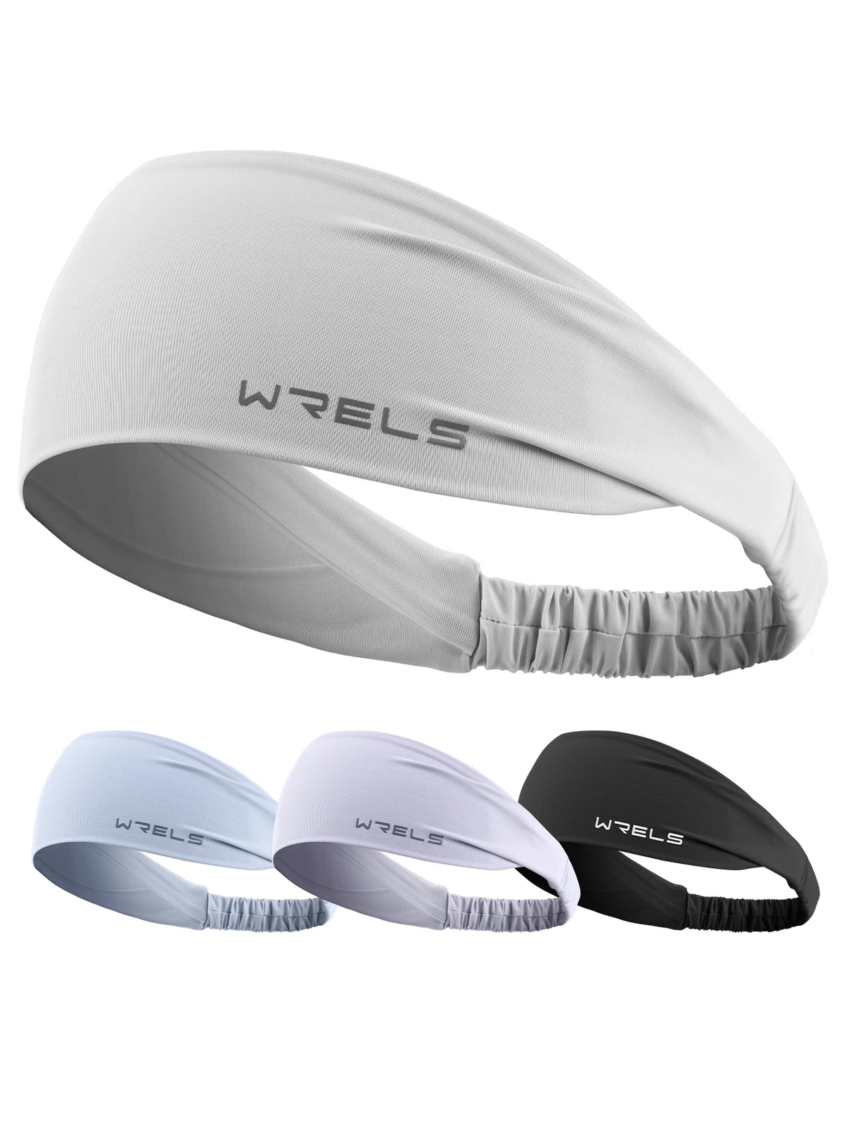 A set of white and black quick-dry elastic sports headbands shown in various angles.