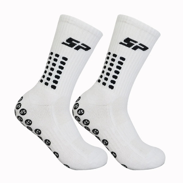 A pair of white anti-slip performance football socks shown against a white background.
