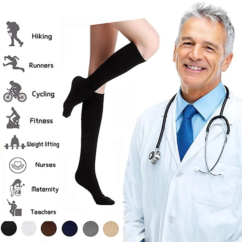A doctor wearing a white coat holds up black compression socks and various activity icons.