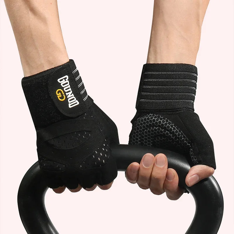 A person is holding a black anti-slip weightlifting hand protection glove with a yellow logo on the wrist.