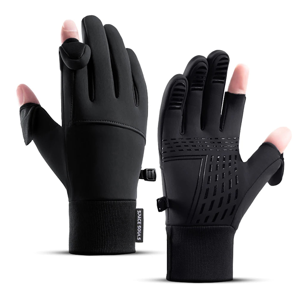 A pair of black performance outdoor sports gloves shown against a white background.
