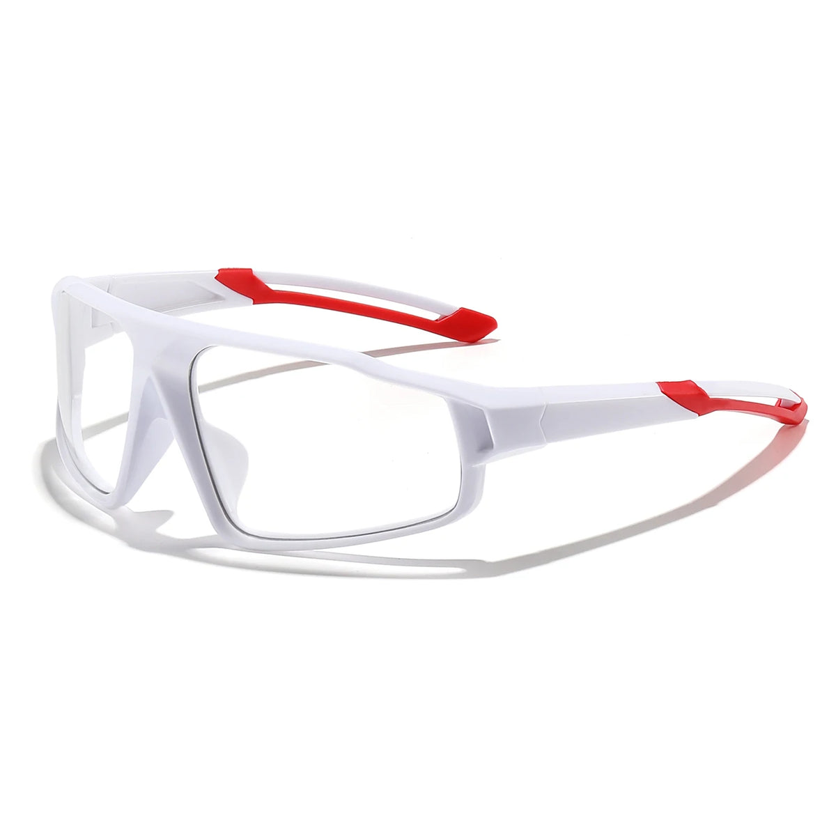 White photochromic sports sunglasses with red accents shown against a white background
