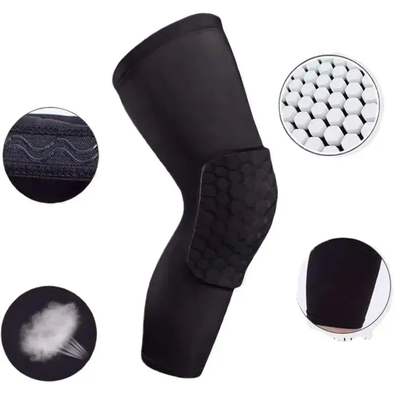 Black compression knee pads for sports and gym shown in various views including a perforated disc