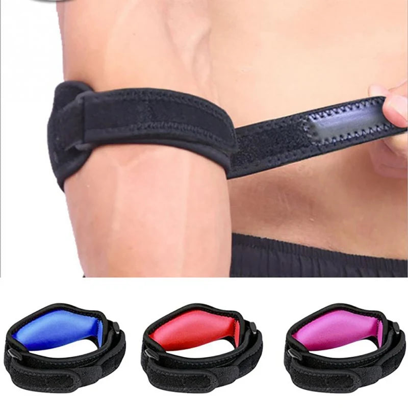 Black elastic wrist brace for tennis elbow pain relief shown in various colors