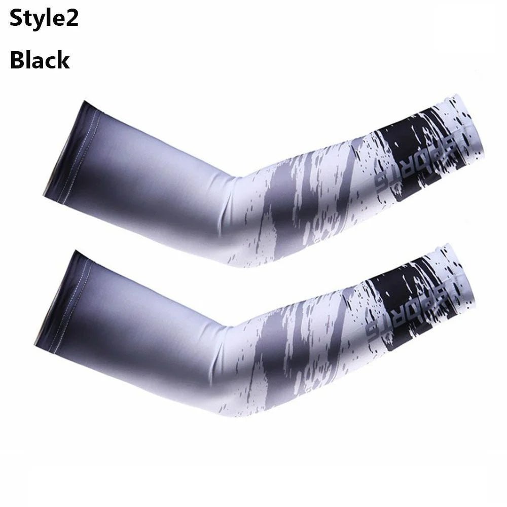 A pair of black arm sleeves with a white and black distressed pattern shown against a white background.