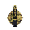 A black and green camouflage silicone camping kettle with a handle.
