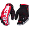 A pair of red and black full-finger motocross and off-road cycling gloves shown against a white background.