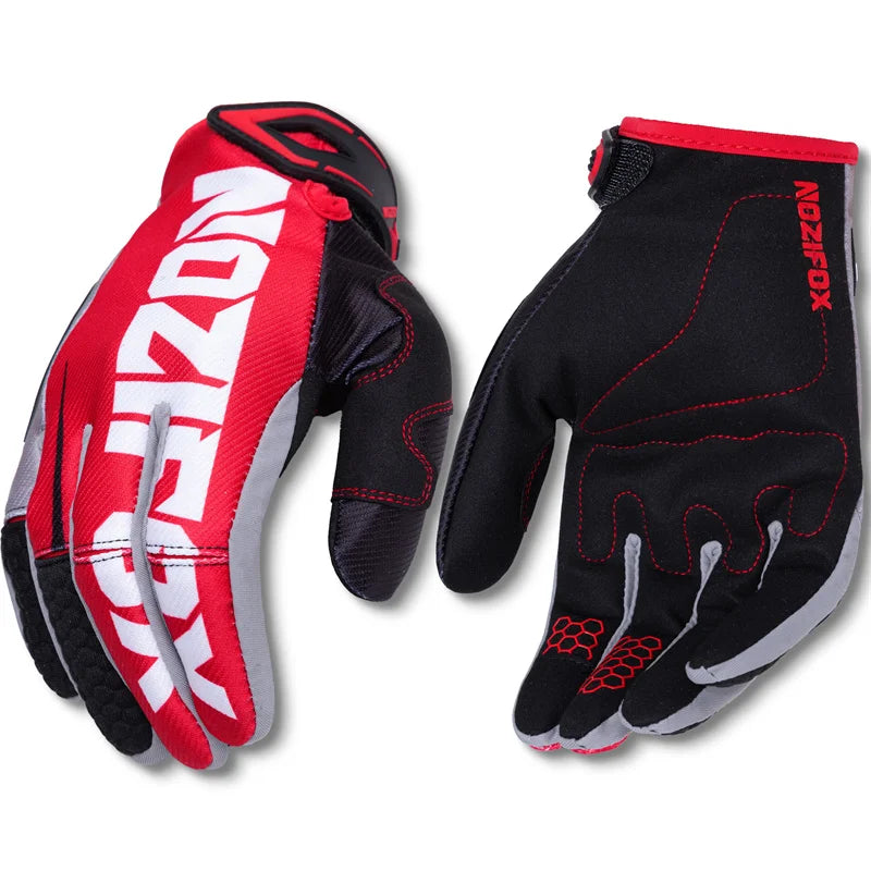 A pair of red and black full-finger motocross and off-road cycling gloves shown against a white background.
