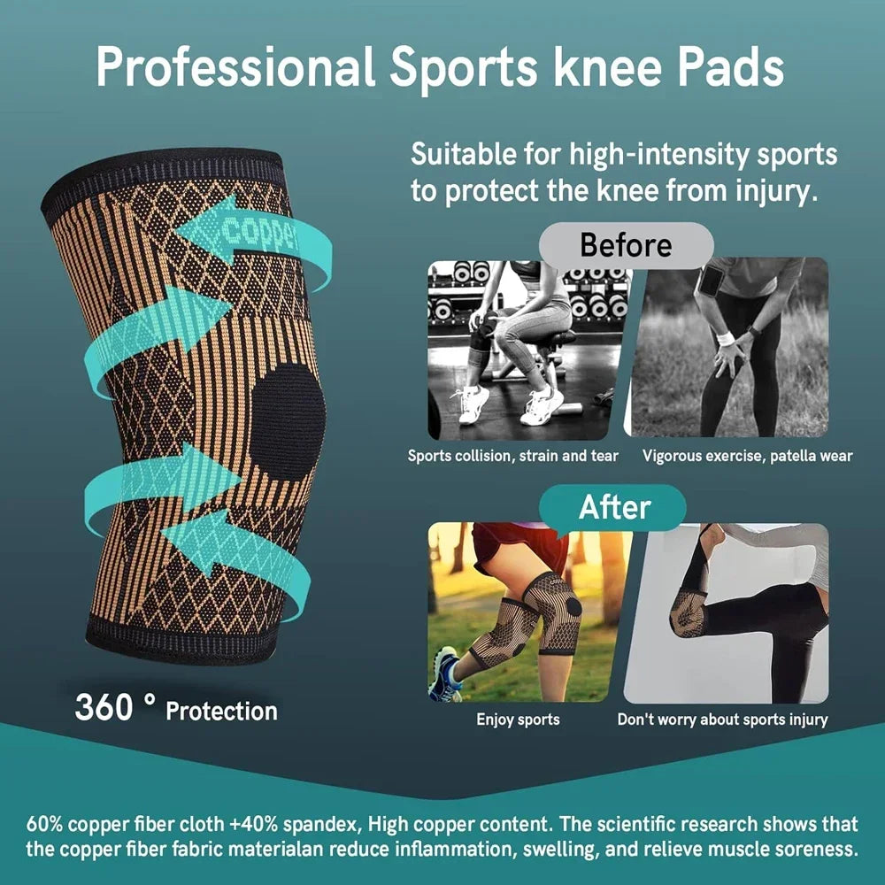 A black copper fiber knee pad sleeve designed for sports protection and pain relief.