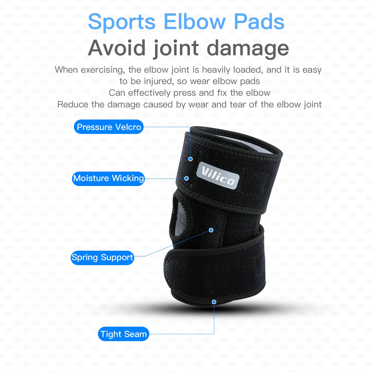 Schwarze Sport-Ellenbogen-Pads mit Klettverschluss, feuchtigkeitsableitendes Material, Federeinsatz und engem Nähte.