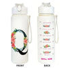 Front and back views of a white insulated 750ml straw tumbler with motivational text