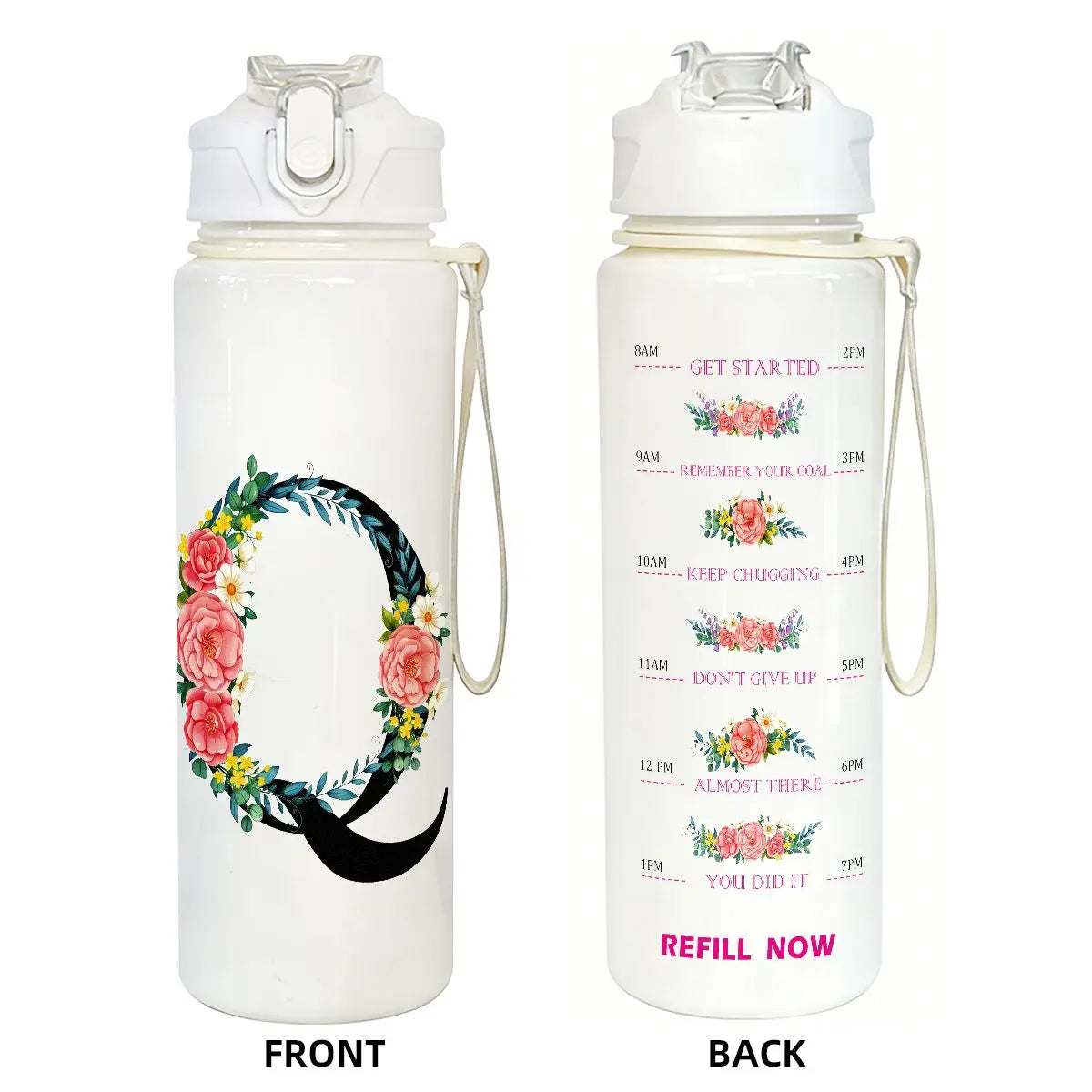 Front and back views of a white insulated 750ml straw tumbler with motivational text