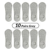 Ten pairs of grey men's invisible silicone no-show socks laid out for sale