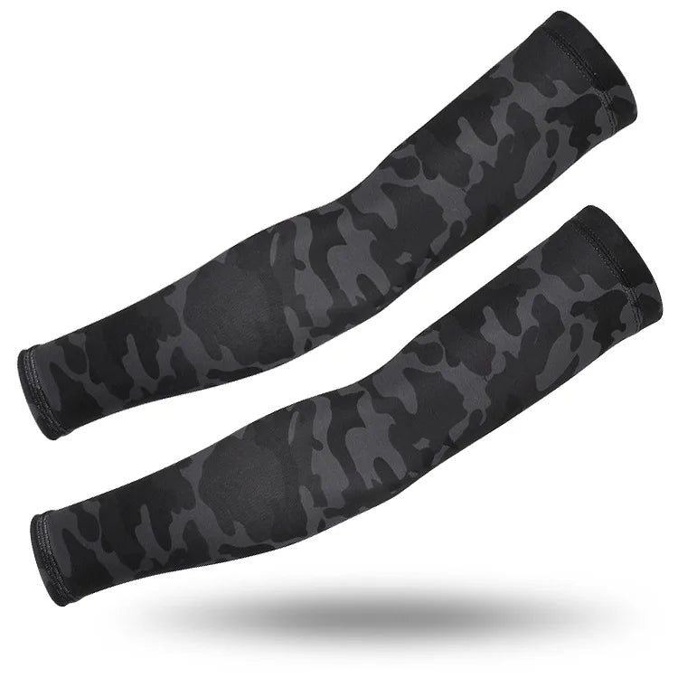 A pair of black camouflage tactical arm sleeves displayed diagonally.