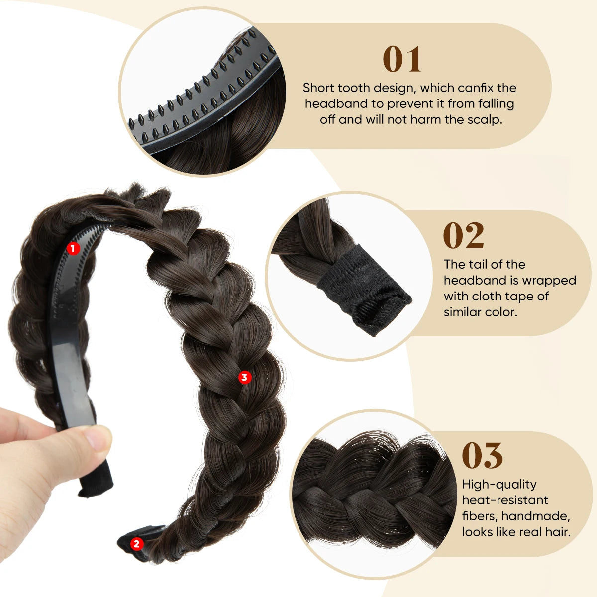Three steps showing how to use a braided hair accessory for a bohemian style look.