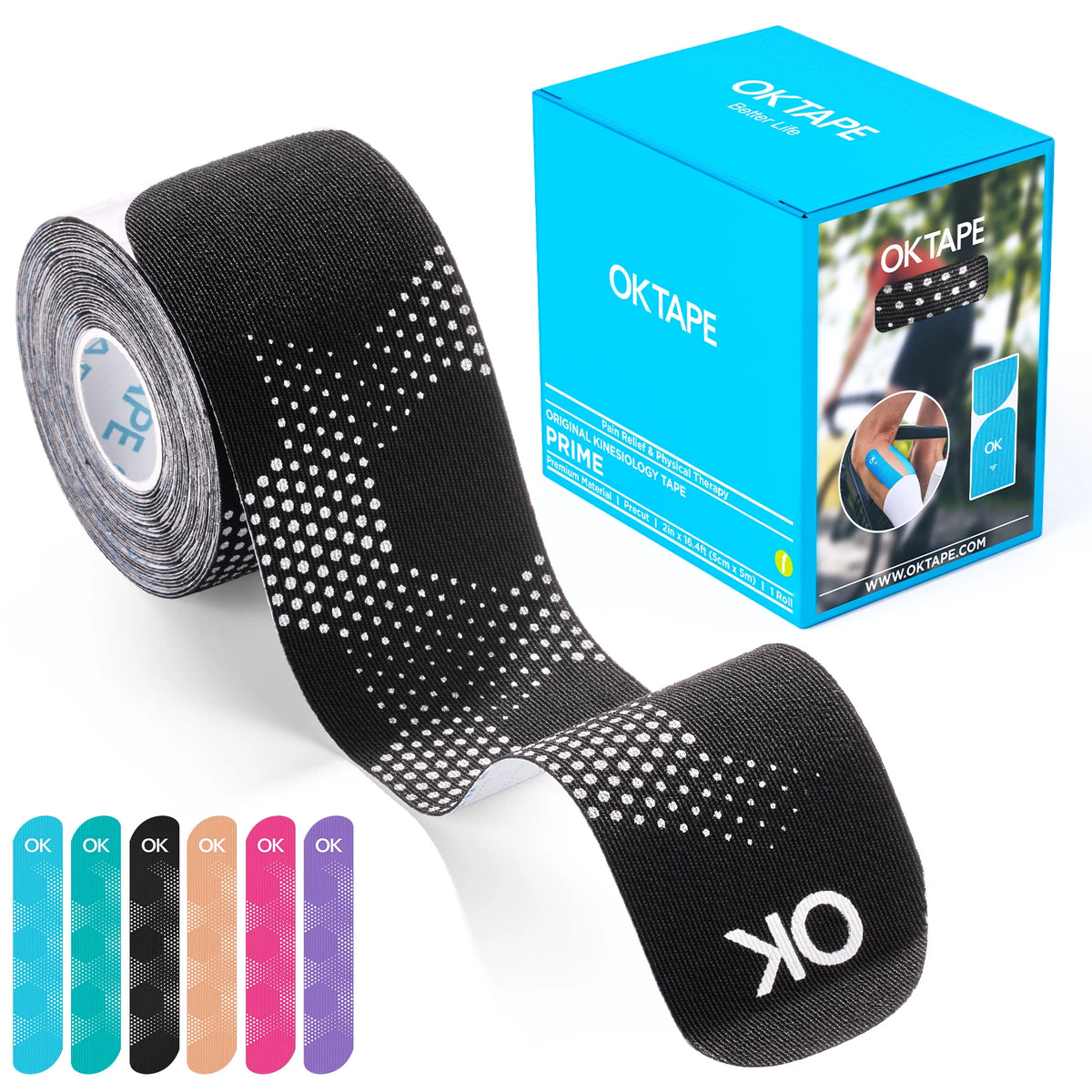 A roll of OKTape kinesiology therapy tape and its retail box with various color options.